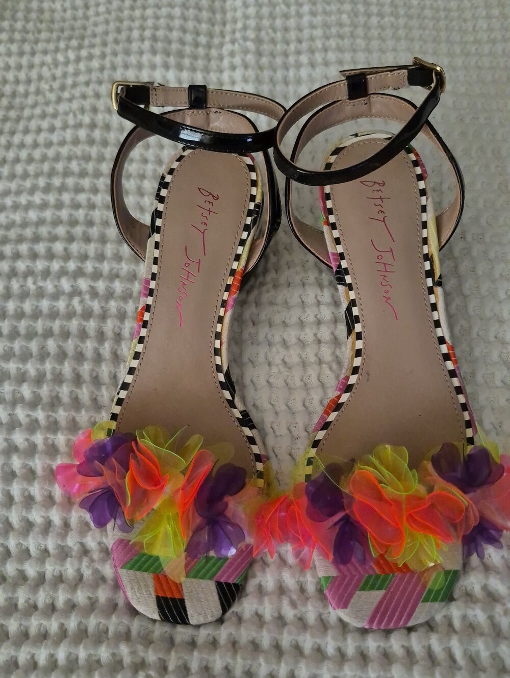 Size 6 Betsey Johnson Black Sandals with Neon Floral Accents